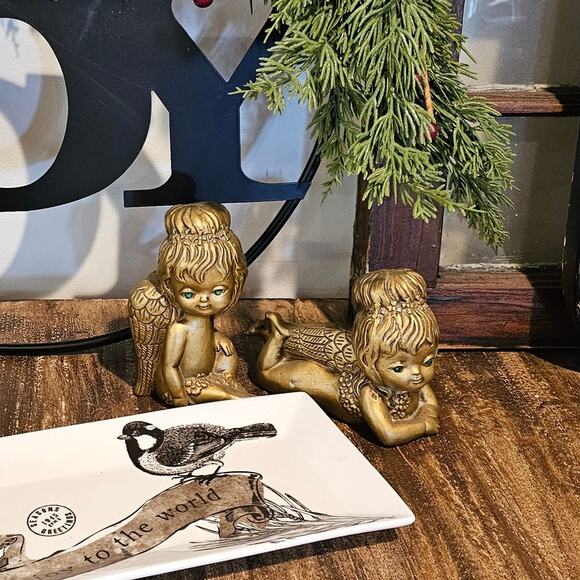 Mid-Century 1960s Golden Green Eyed Angels Norcrest Cherub Figurines - Vintage - Picture 8 of 8